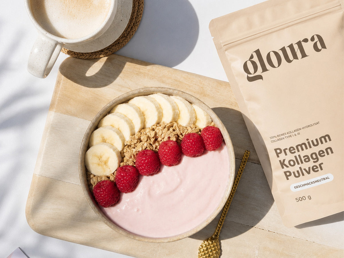gloura Kollagen Pulver neben einer Bowl